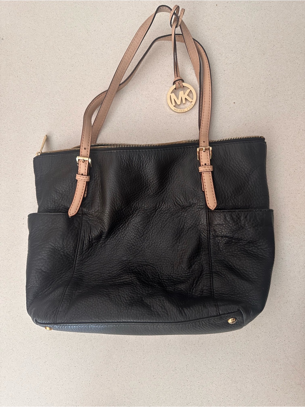 Michael Kors Black Leather Shoulder Bag with Tan Straps